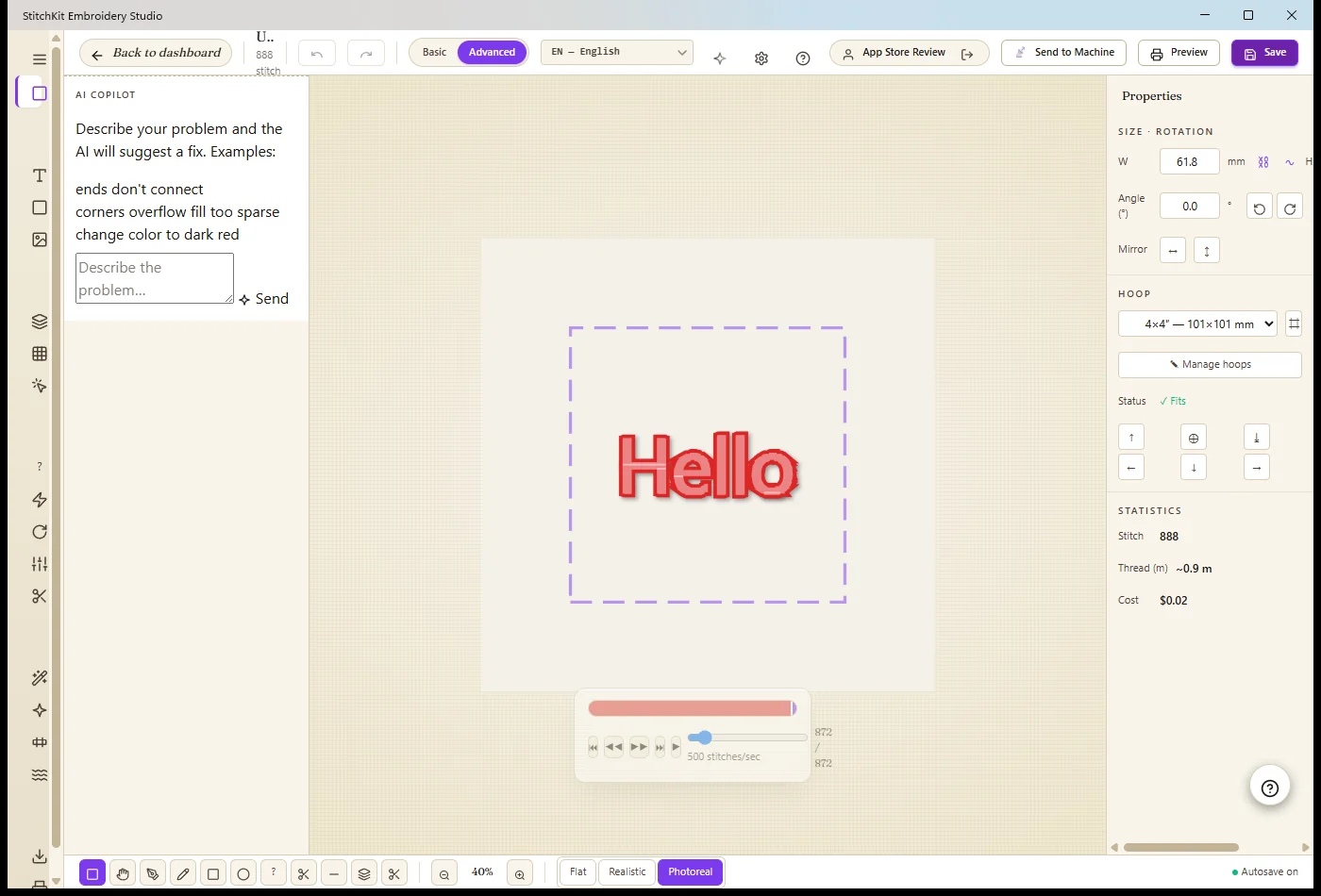 The StitchKit editor: AI Copilot panel, a design on the canvas with hoop and stitch timeline, and the properties panel