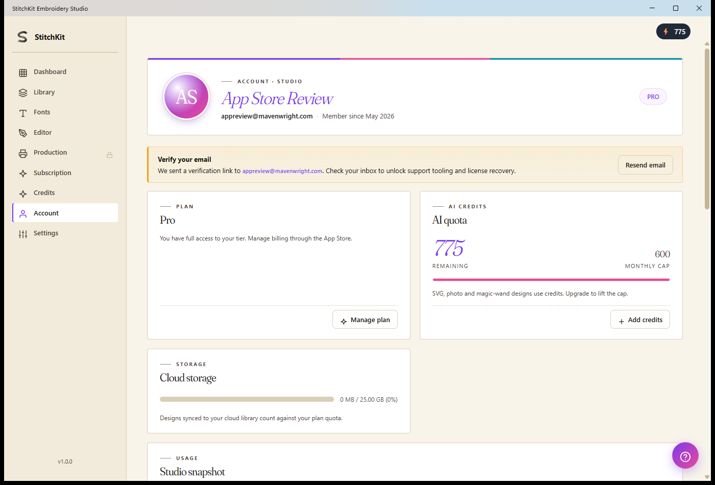 Account page: profile, plan, AI credits and storage cards