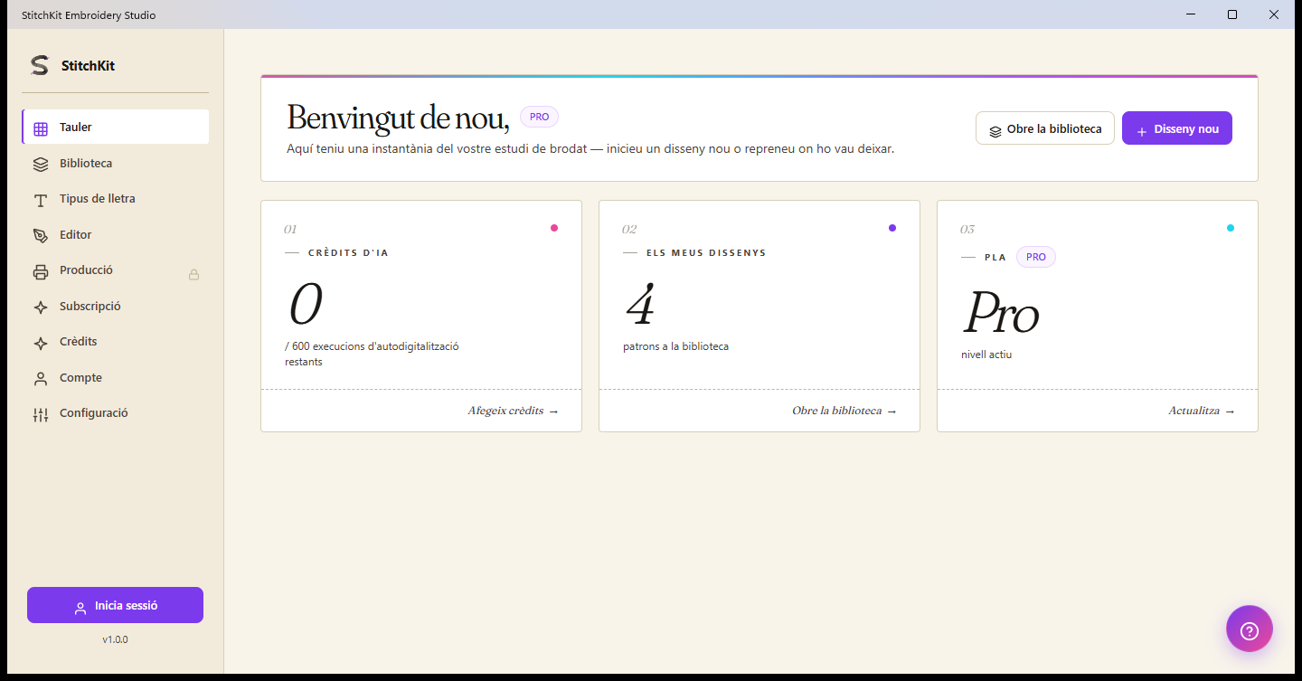 Pantalla del Dashboard: títol de benvinguda, distintiu del pla i targetes de resum