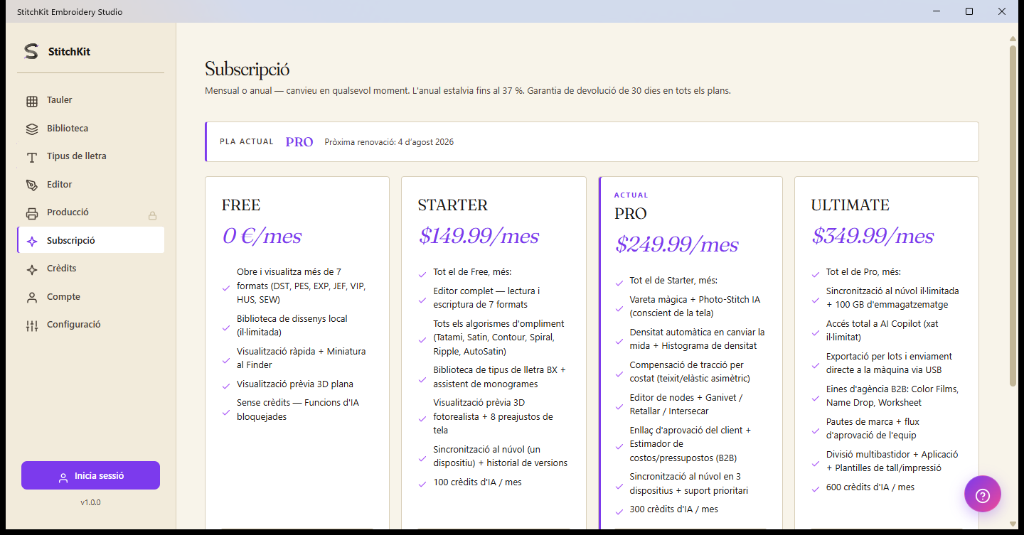 Subscription sayfası: FREE, STARTER, PRO ve ULTIMATE plan kartları, üstte mevcut plan çubuğu ve sağ üstte kredi rozeti
