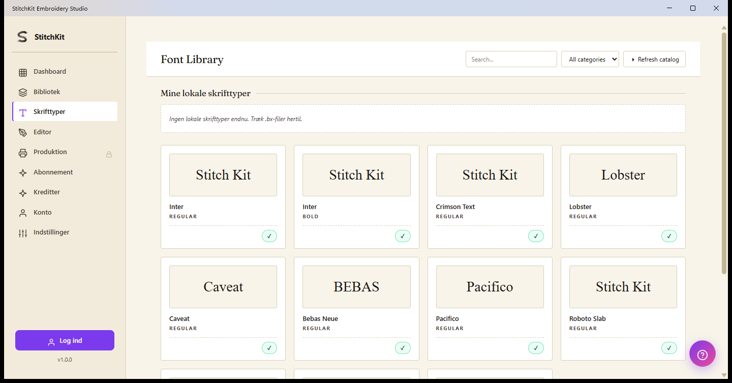 Font Library-siden: søgning, kategorier, lokale skrifttyper og forhåndsvisningskort