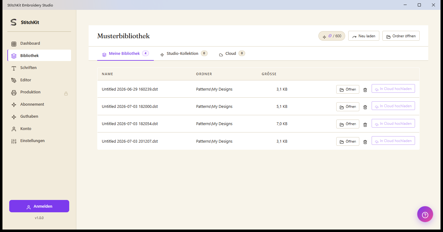 Seite der Musterbibliothek: Registerkarten My library, Studio Collection und Cloud