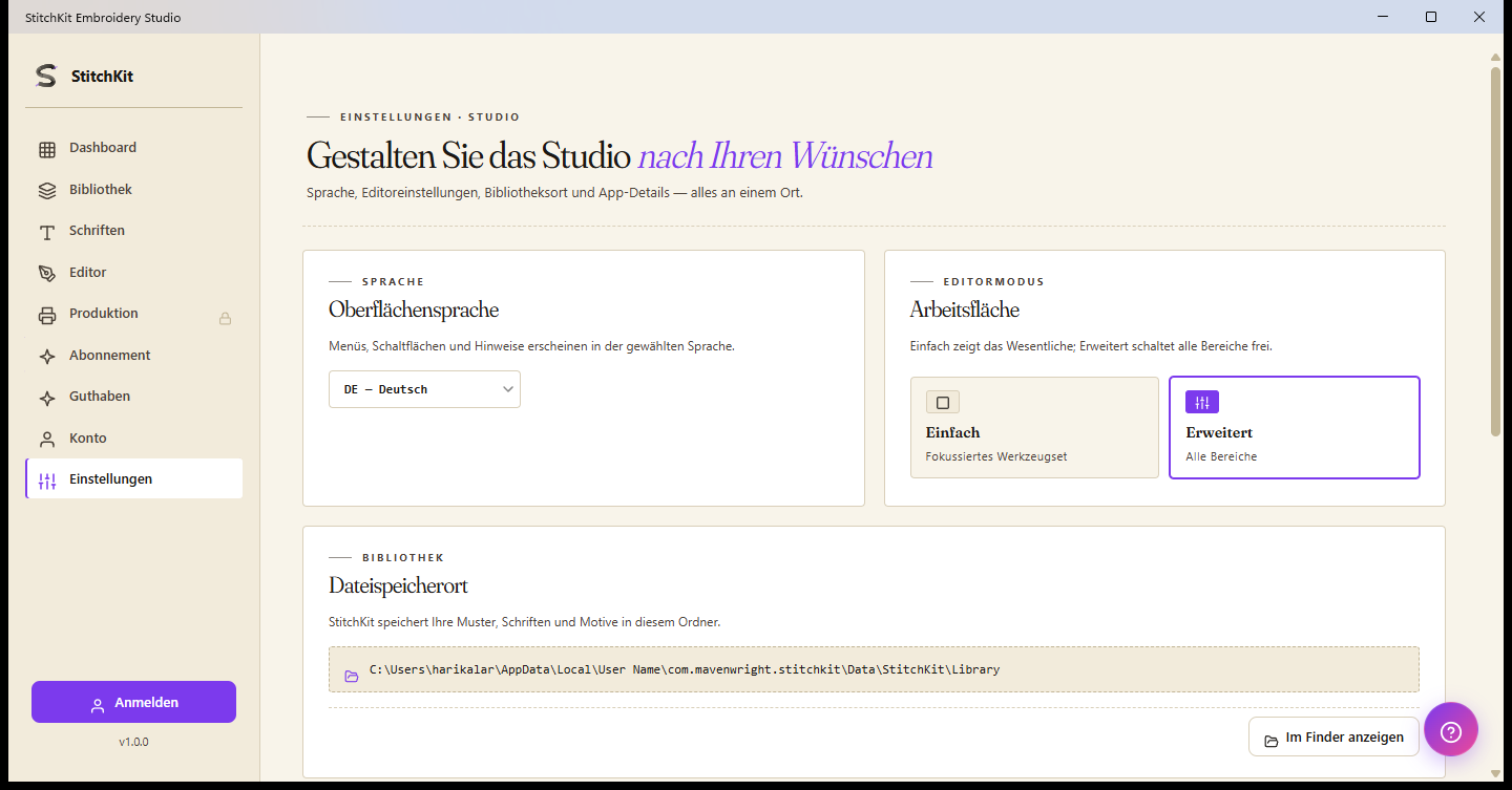 Einstellungsseite: Sprache, Editormodus, Bibliotheksordner und Schriften-Cache