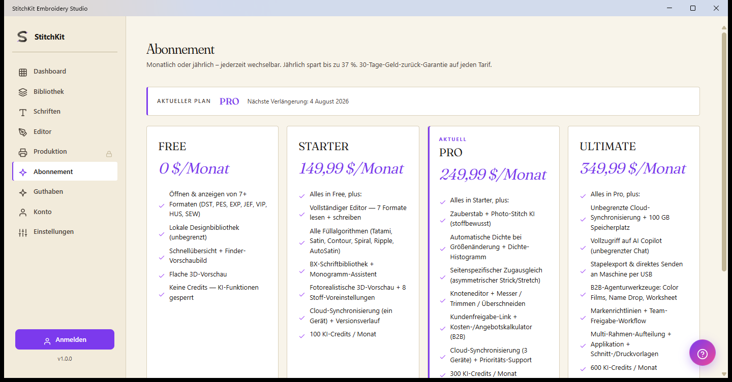 Abonnement-Seite: Tarifkarten FREE, STARTER, PRO und ULTIMATE, oben die Leiste des aktuellen Tarifs und oben rechts das Guthaben-Abzeichen