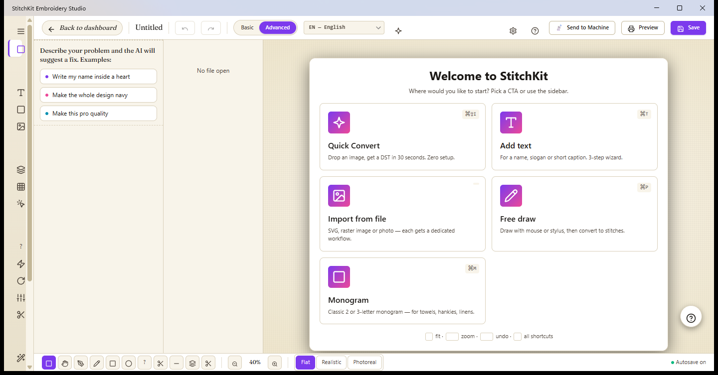 Editor welcome screen — creation cards on the Make tab