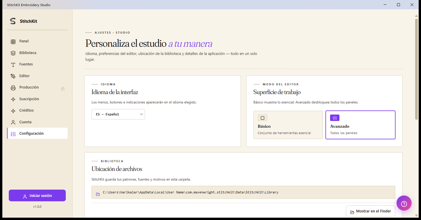 Página de ajustes: idioma, modo del editor, carpeta de biblioteca y caché de fuentes