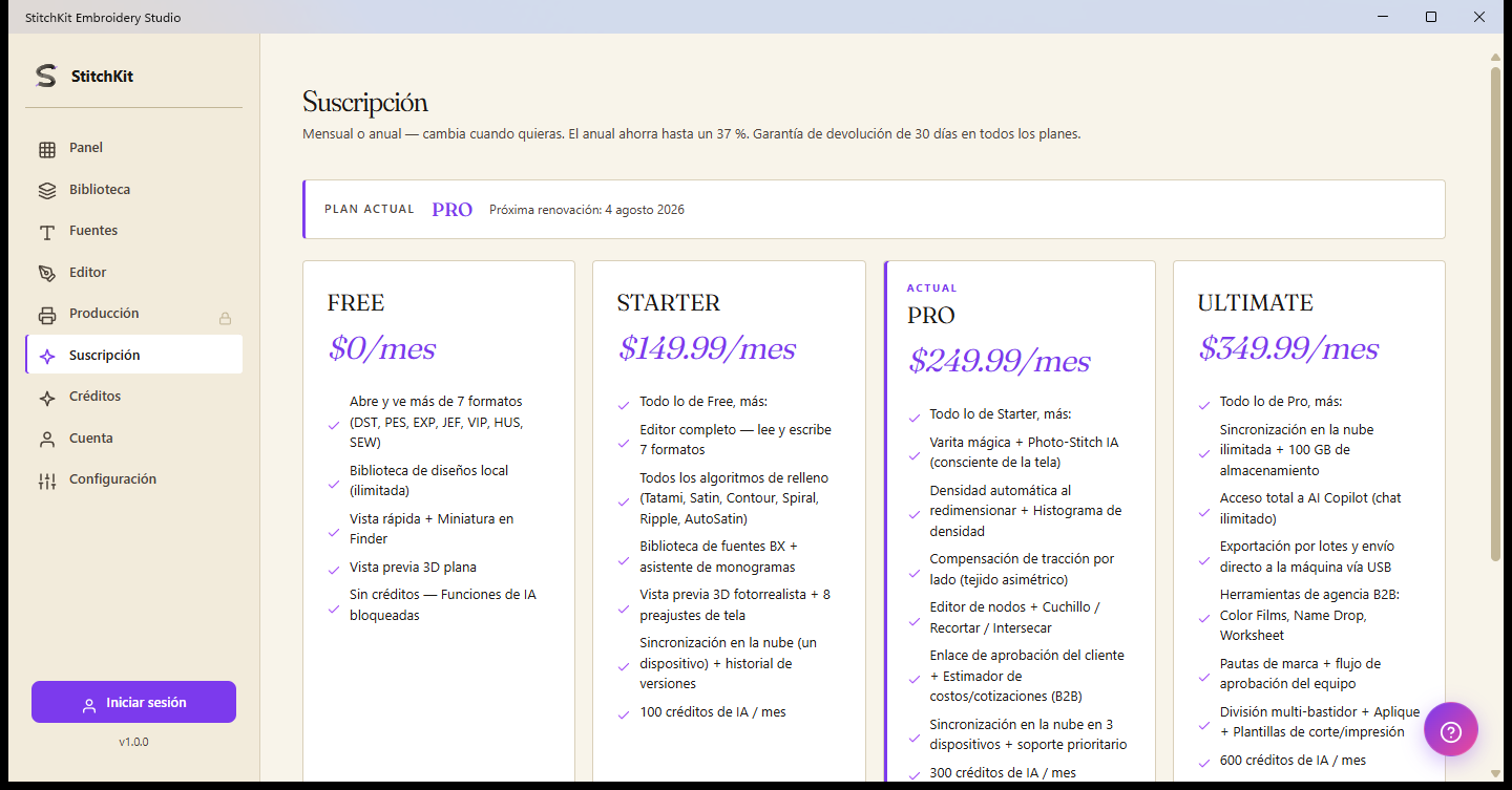 Página Subscription: tarjetas de plan FREE, STARTER, PRO y ULTIMATE, barra de plan actual arriba e insignia de créditos en la esquina superior derecha