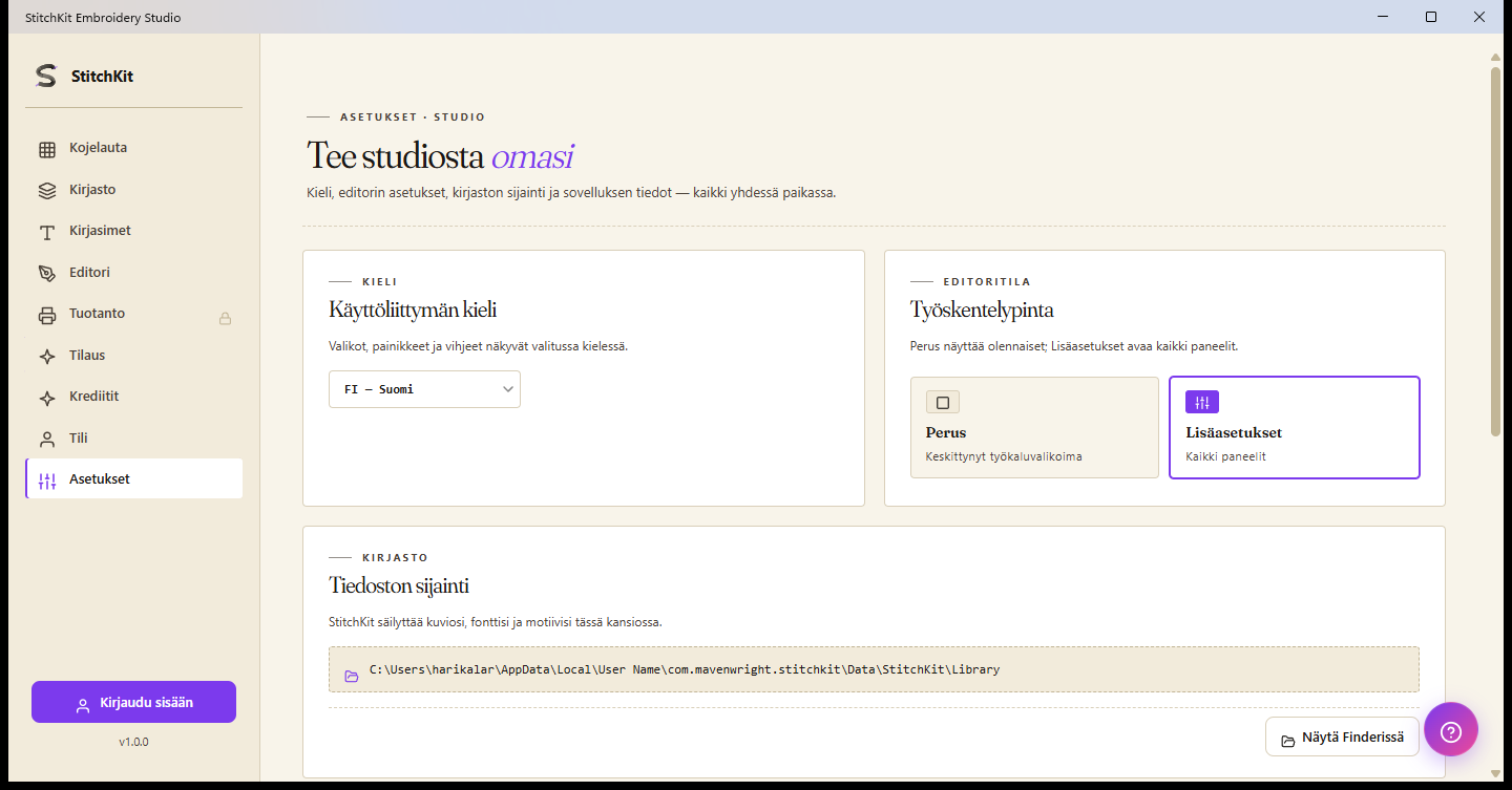 Asetussivu: kieli, editoritila, kirjastokansio ja fonttivälimuisti