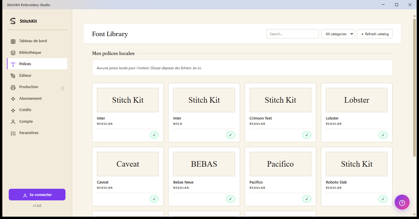 Page Bibliothèque de polices : recherche, catégories, polices locales et fiches d'aperçu