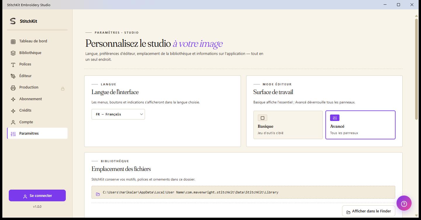 Page Paramètres : langue, mode éditeur, dossier de bibliothèque et cache de polices