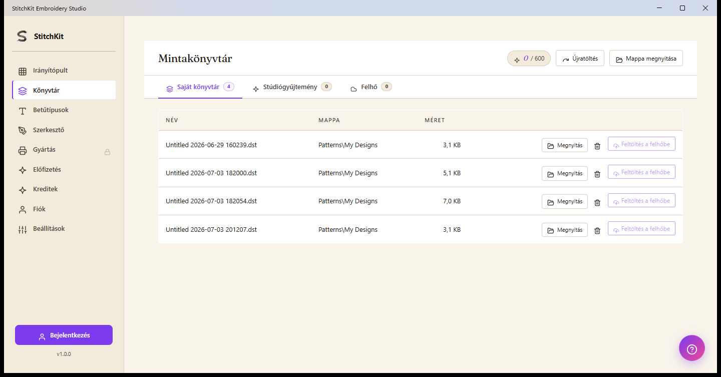 Pattern Library sayfası: My library, Studio Collection ve Cloud sekmeleri