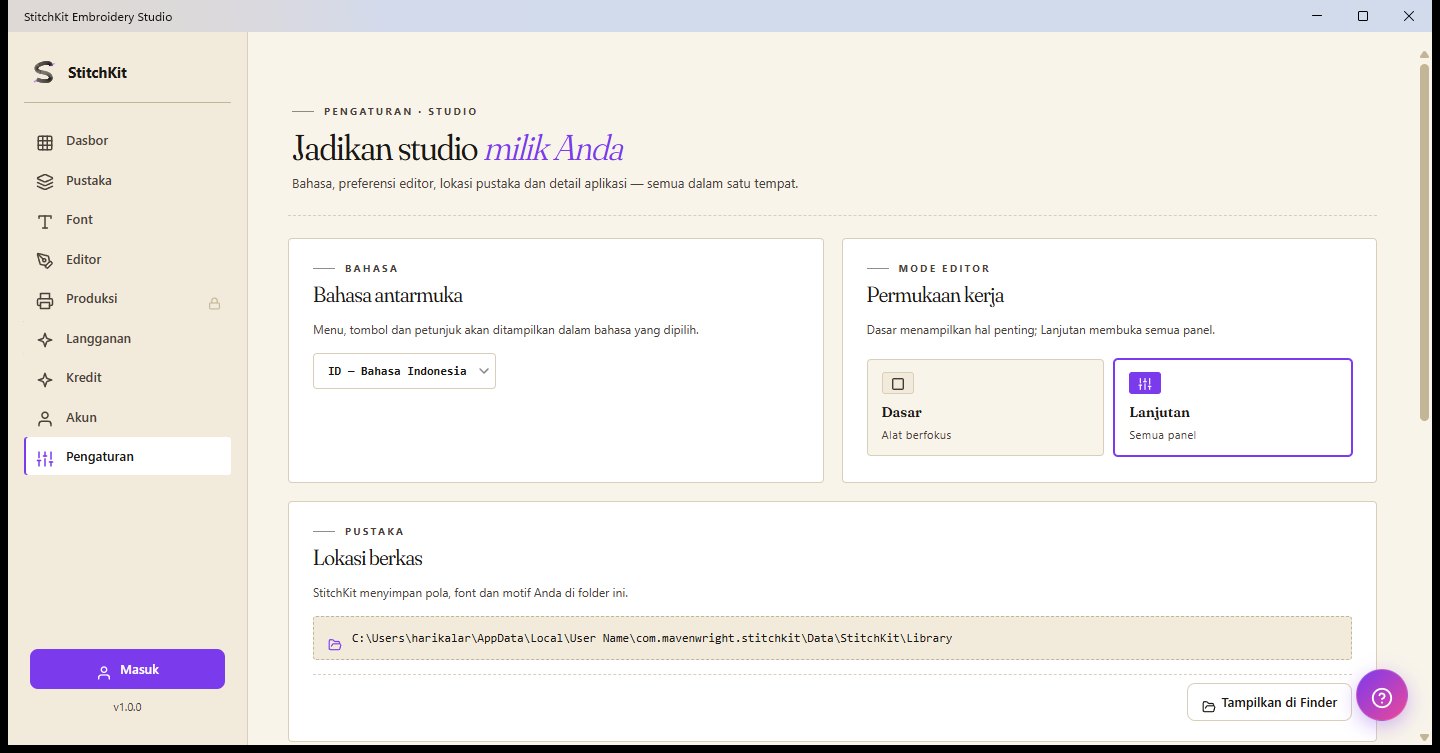 Halaman pengaturan: bahasa, mode editor, folder pustaka, dan cache font