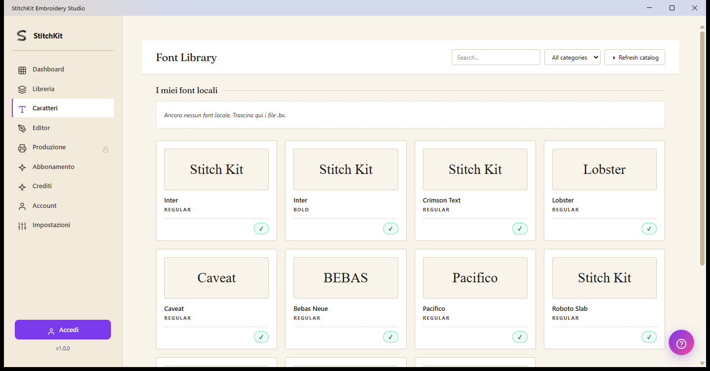 Pagina Font Library: ricerca, categorie, font locali e schede di anteprima