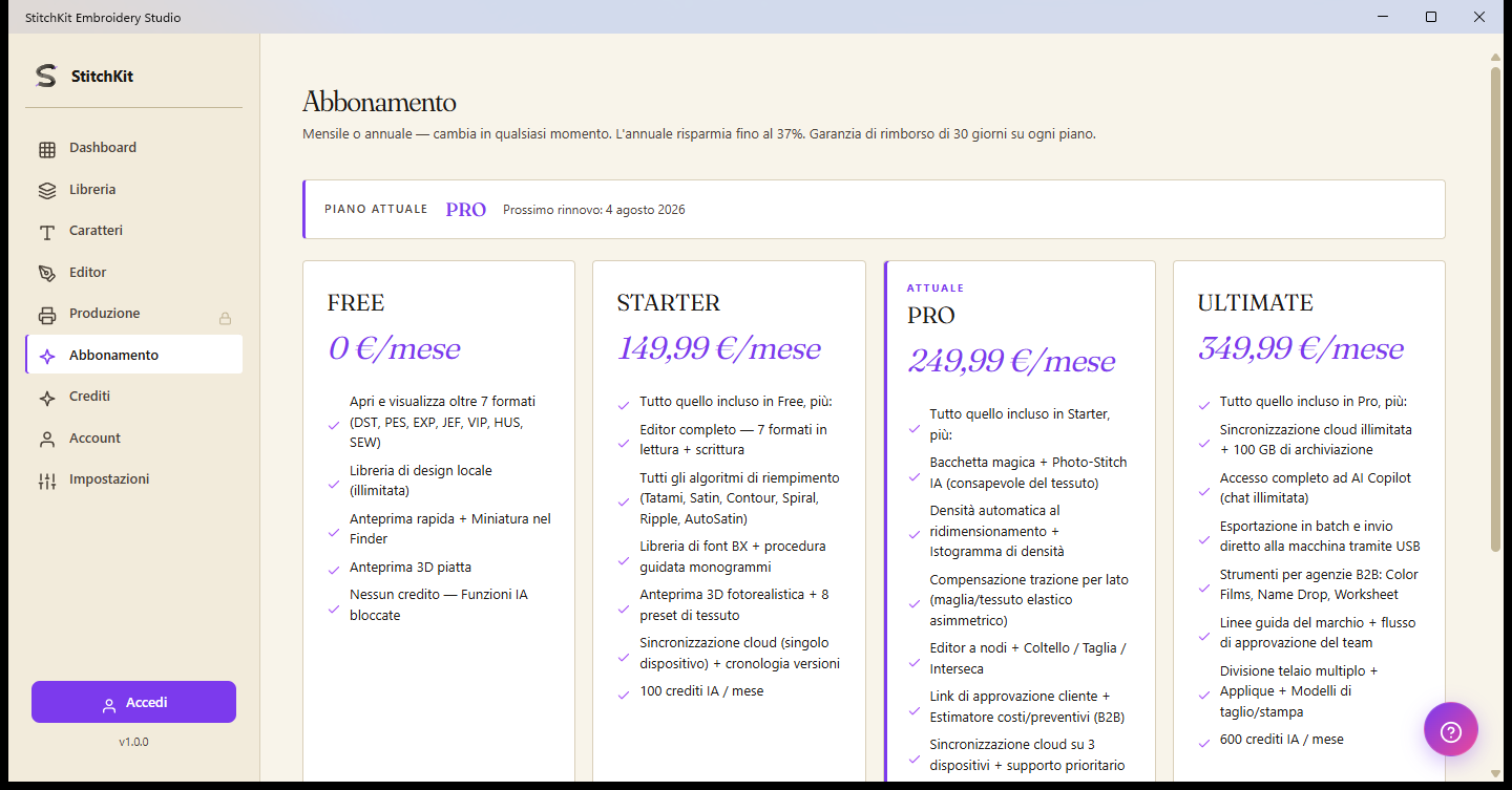 Pagina Subscription: schede piano GRATUITO, STUDIO, PRO ed ENTERPRISE, barra del piano corrente in alto e badge crediti in alto a destra
