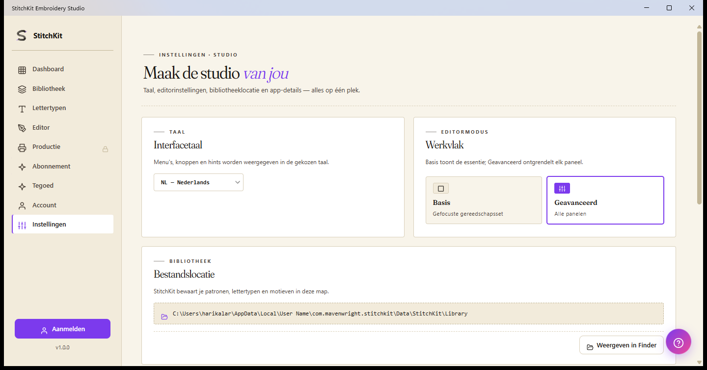 Instellingenpagina: taal, editormodus, bibliotheekmap en lettertype-cache