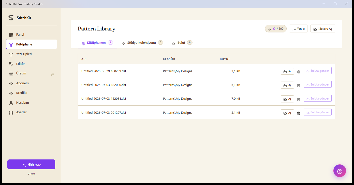 Pattern Library-siden: fanene My library, Studio Collection og Cloud