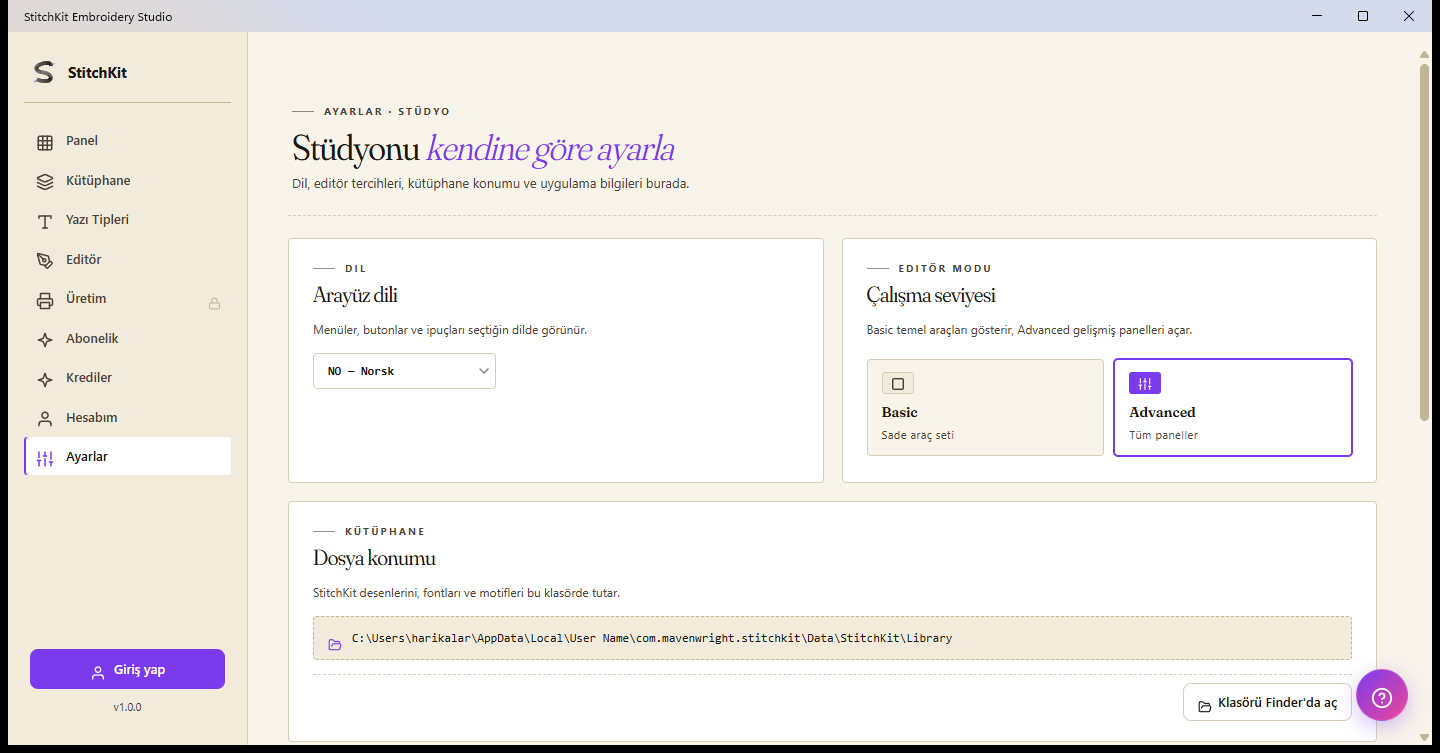 Innstillingsside: språk, editormodus, biblioteksmappe og fontbuffer