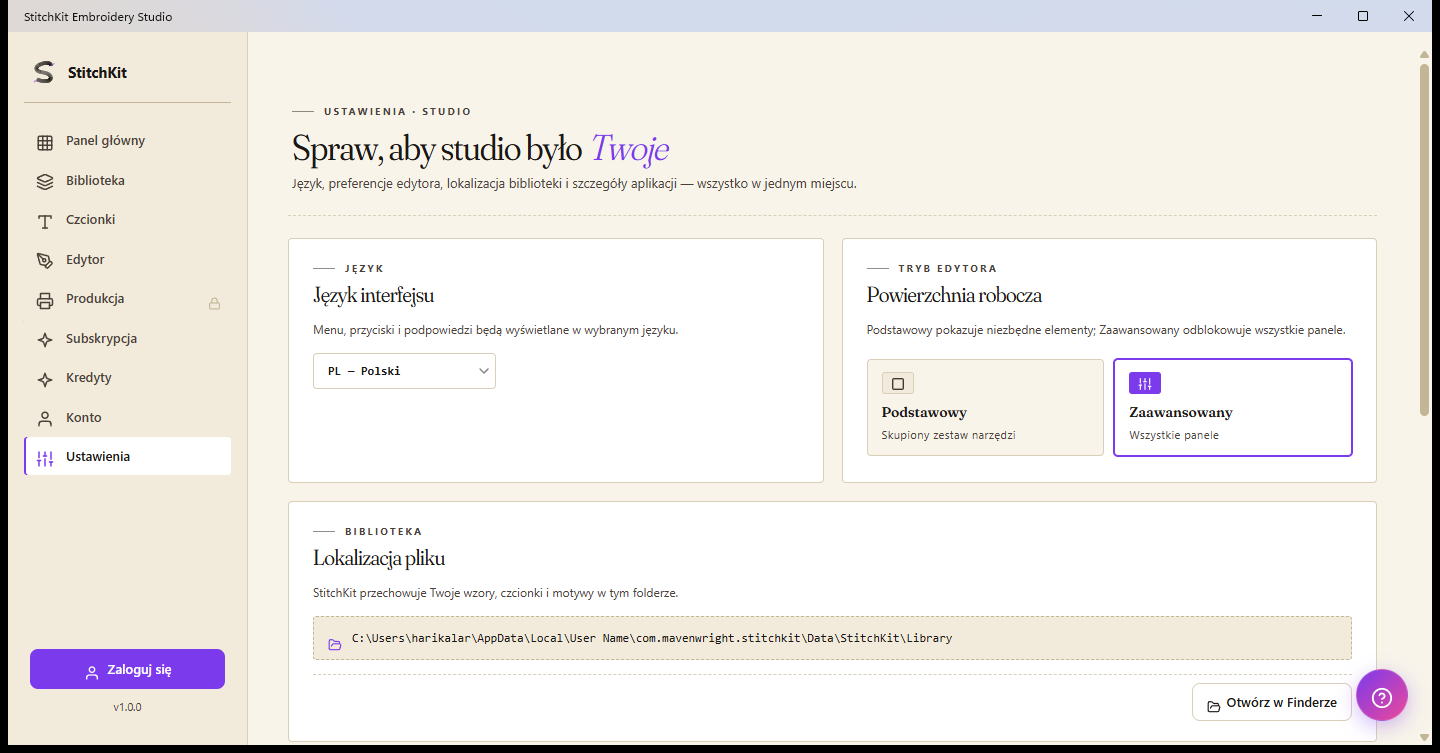 Strona ustawień: język, tryb edytora, folder biblioteki i pamięć podręczna czcionek