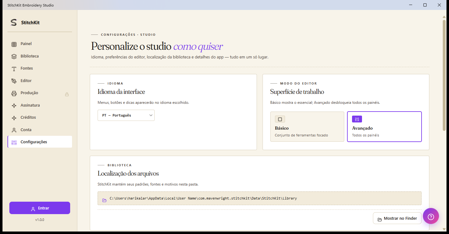 Página de configurações: idioma, modo do editor, pasta da biblioteca e cache de fontes