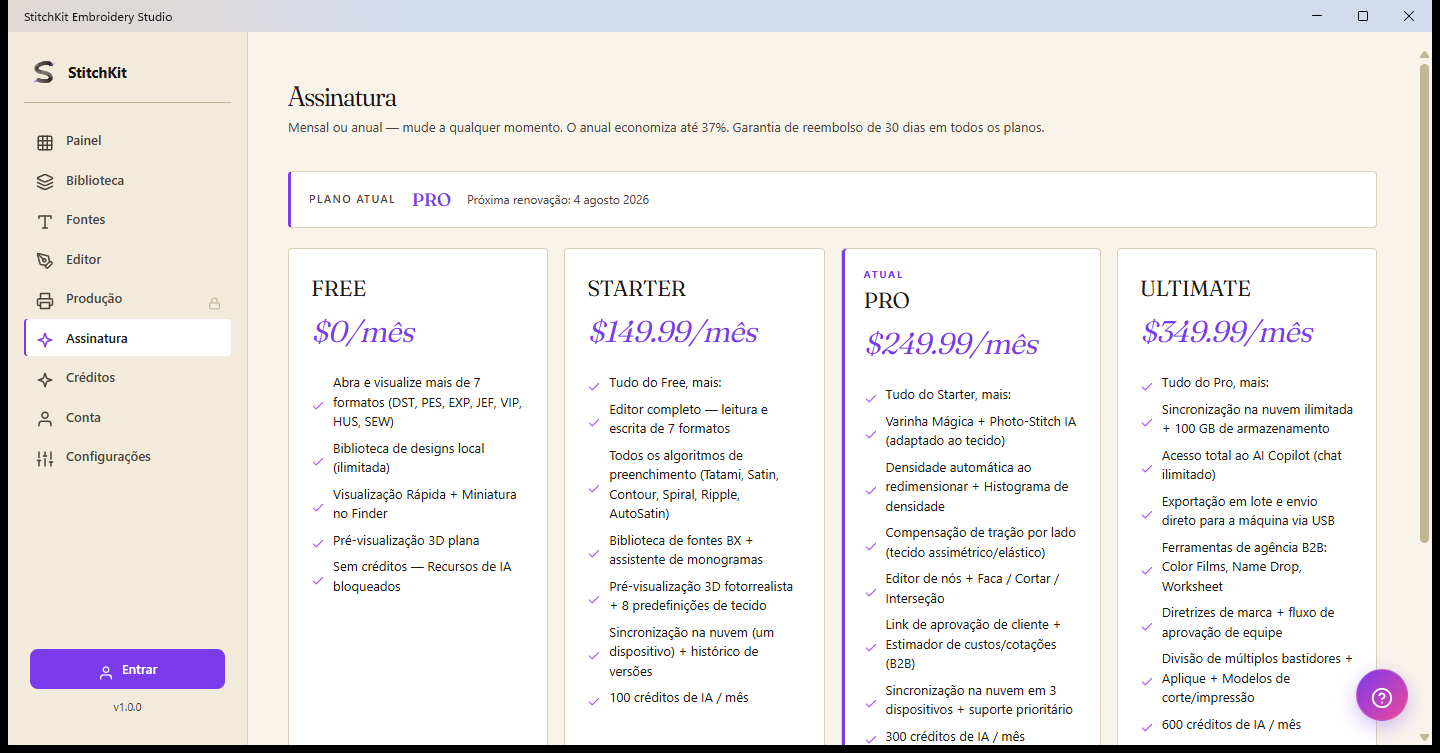 Página Subscription: cards dos planos FREE, STARTER, PRO e ULTIMATE, barra do plano atual no topo e selo de créditos no canto superior direito