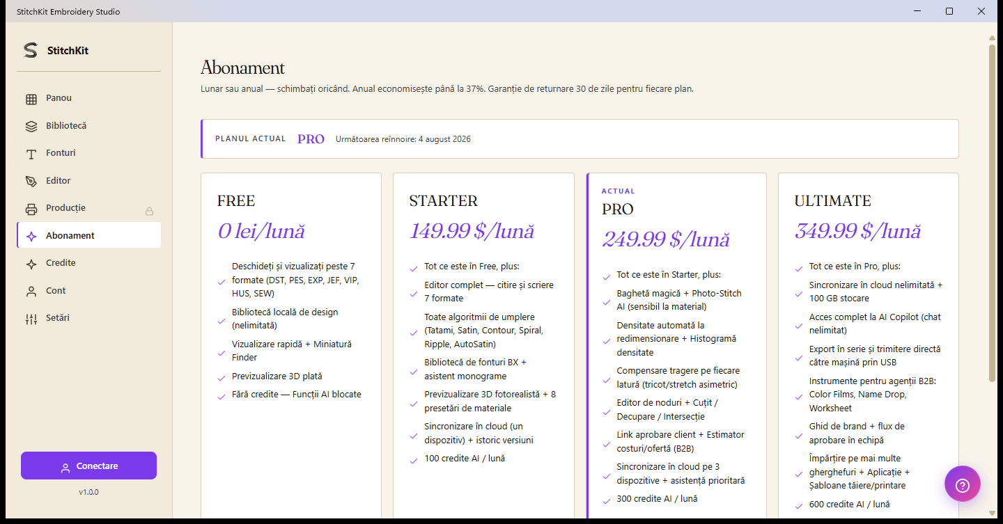 Pagina Subscription: cardurile de plan FREE, STARTER, PRO și ULTIMATE, bara planului curent sus și insigna de credite în dreapta sus