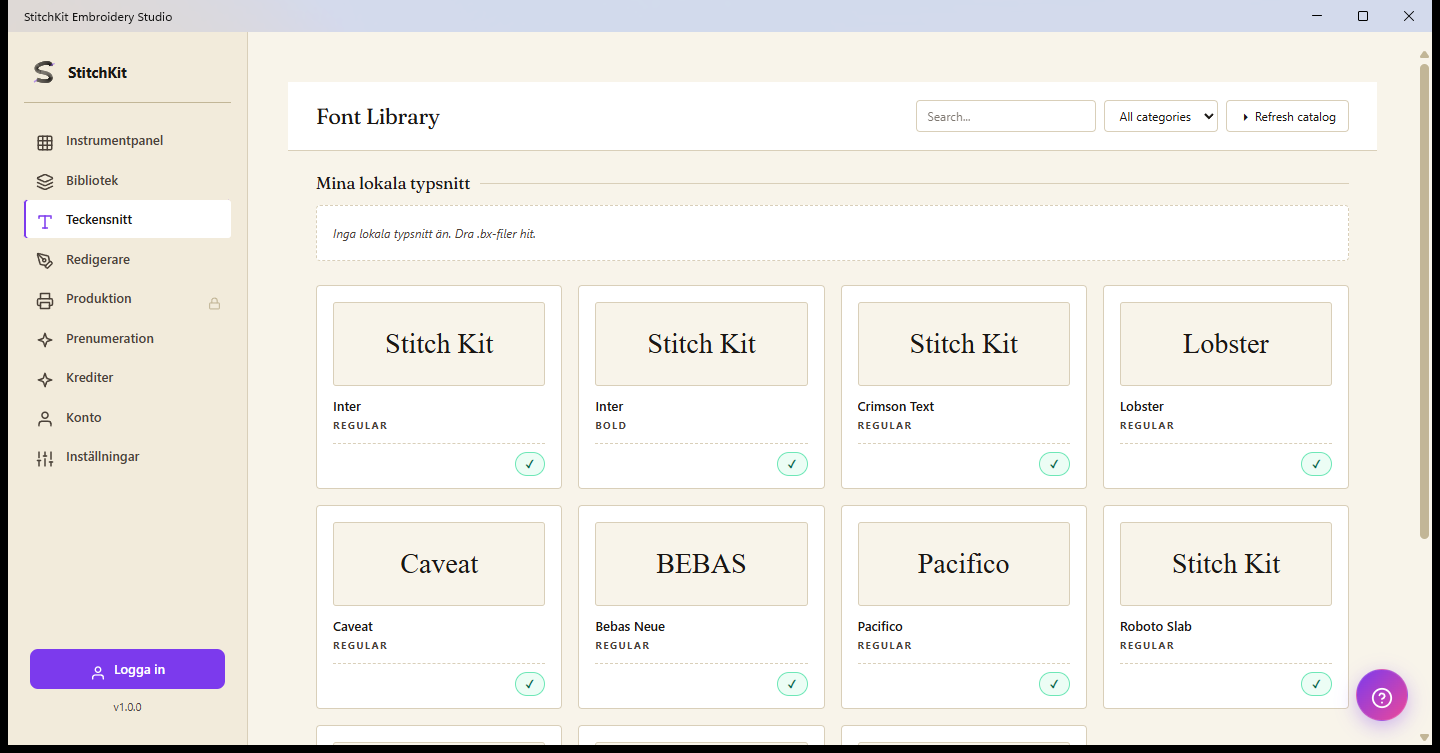 Sidan Font Library: sökning, kategorier, lokala teckensnitt och förhandsvisningskort