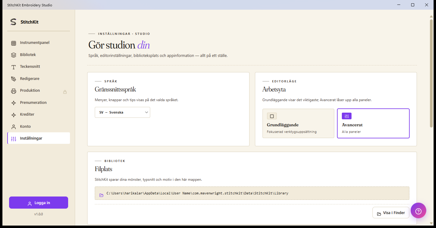 Inställningssidan: språk, editorläge, biblioteksmapp och typsnittscache