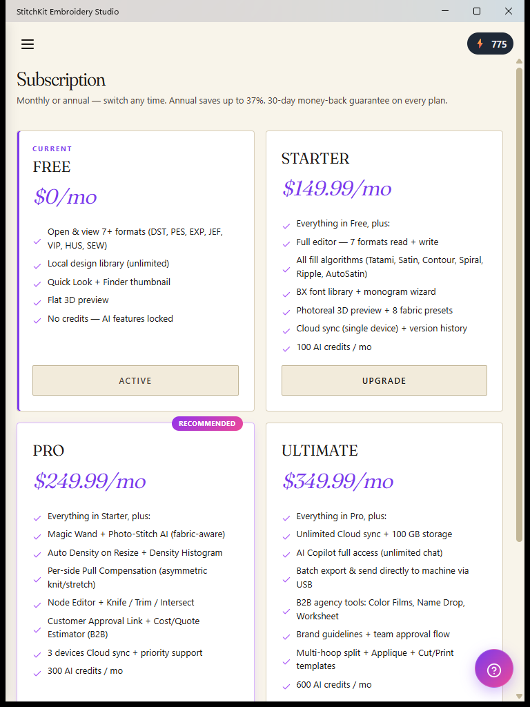 iPad üzerinde Subscription sayfası — plan kartları ve ödeme düğmeleri