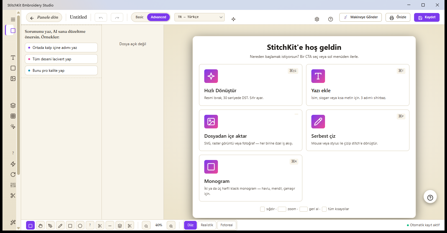 Editör karşılama ekranı — Make sekmesindeki oluşturma kartları