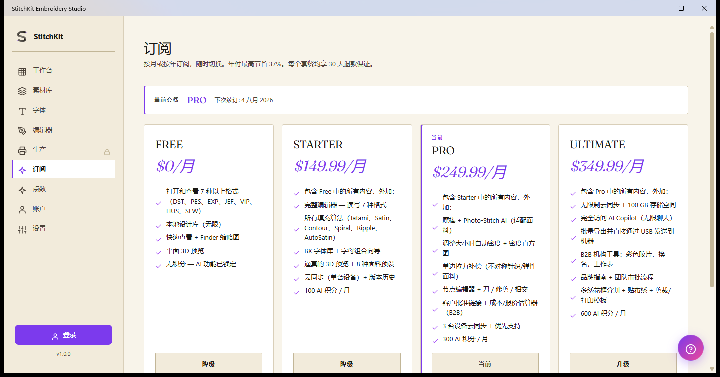 Subscription 页面:FREE、STARTER、PRO 和 ULTIMATE 套餐卡片,顶部为当前套餐条,右上角为点数徽标