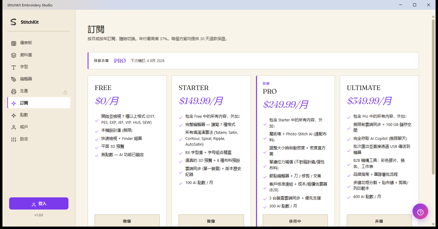Subscription 頁面:FREE、STARTER、PRO 與 ULTIMATE 方案卡片,頂部為目前方案列,右上角為點數徽章