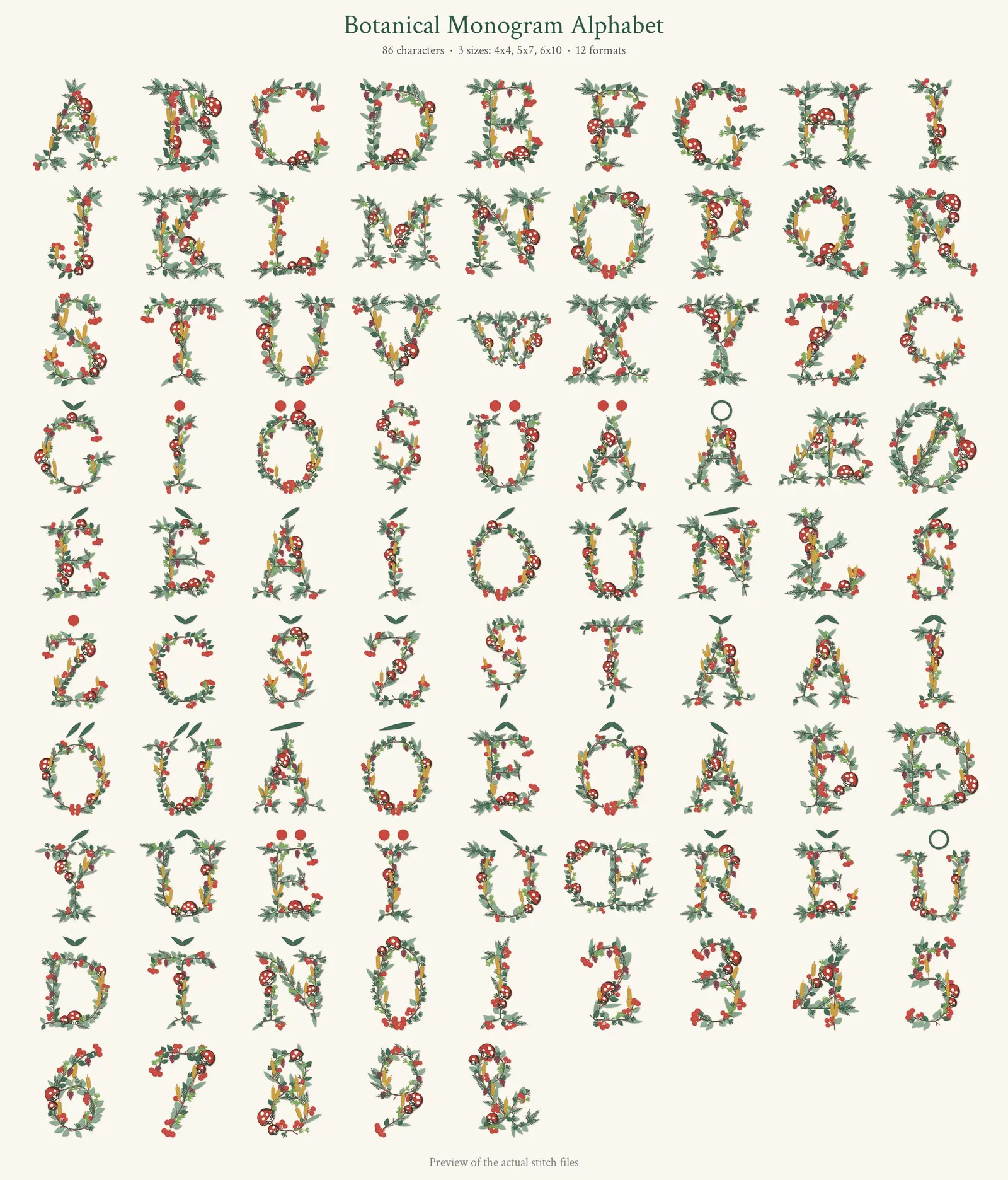 Botanical Monogram Alphabet — 86 Characters — Every design in the pack